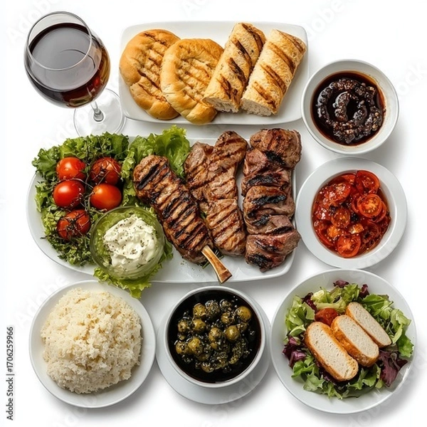Obraz Assorted grilled meats and vegetables with bread rice and sauces on white plate with glass of red wine dinner meal