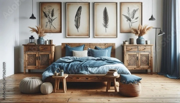 Fototapeta Bohemian bedroom with rustic wooden furniture, blue bedding, and botanical art, creating a cozy and inviting atmosphere
