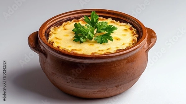 Obraz Traditional baked cheese dish served in a rustic clay pot garnished with fresh parsley, creamy melted cheese with golden crust in a classic comfort food presentation