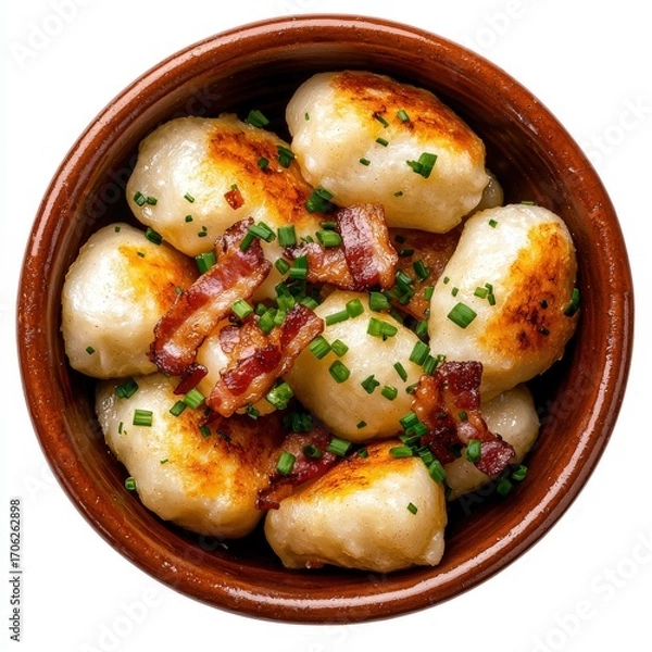 Obraz Delicious homemade potato dumplings topped with crispy bacon and chopped green onions served in a rustic earthenware bowl