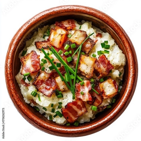 Obraz Delicious creamy mashed potatoes topped with crispy bacon pieces and fresh chopped green onions served in a rustic clay bowl perfect for comfort food meals
