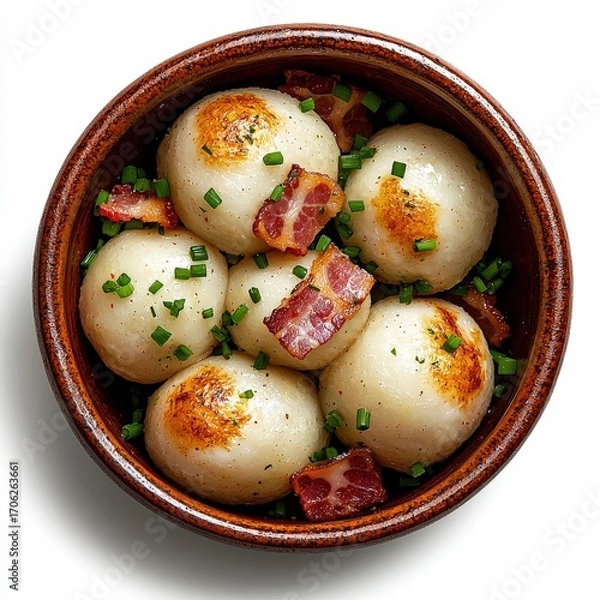Obraz Delicious roasted baby potatoes with crispy bacon pieces and fresh chopped green herbs served in a rustic bowl for a flavorful and hearty side dish