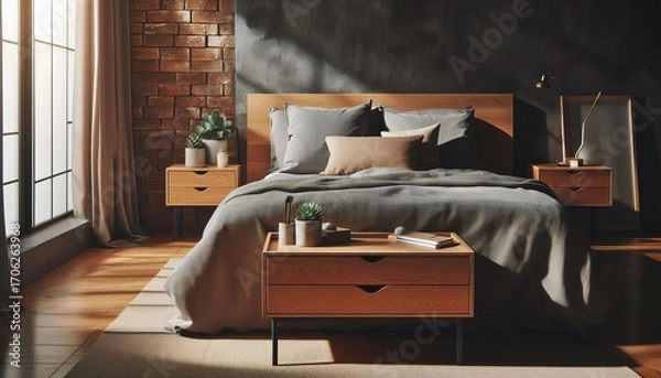 Fototapeta Cozy bedroom with a wooden bed, plush bedding, and brick wall, illuminated by natural light