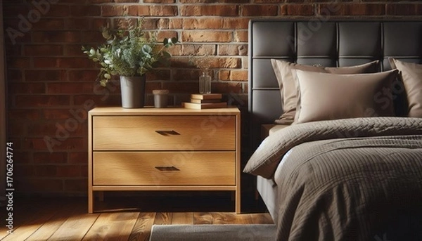 Fototapeta Rustic wooden bedside table with drawers next to a bed with plush bedding and a brick wall background