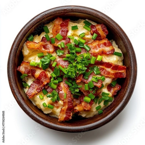 Obraz Delicious creamy mashed potatoes topped with crispy bacon bits and chopped fresh green onions served in a rustic bowl