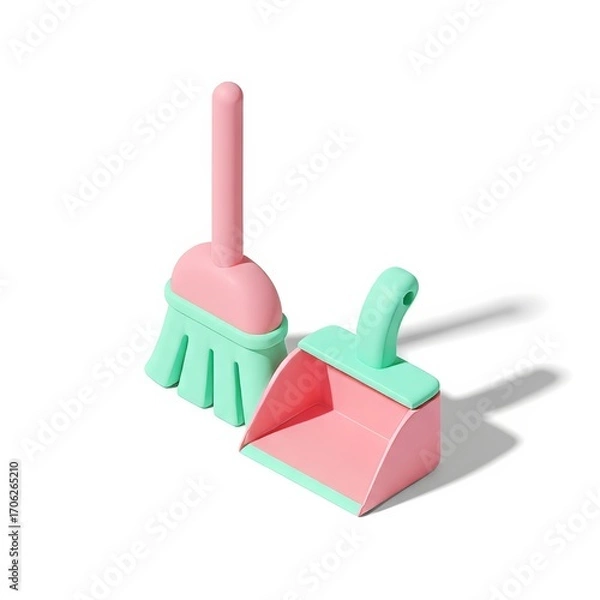 Fototapeta A playful 3D illustration features a pastel pink and mint green broom and dustpan, depicted as charming cleaning tools on a white background with soft shadows