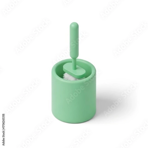 Fototapeta A minimalist 3D rendering depicts a light green toilet brush neatly stored within its matching cylindrical holder on a white background