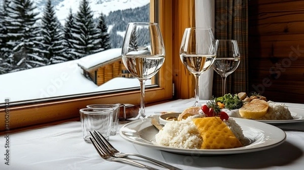 Obraz Elegant dining scene with white wine glasses and a delicious meal served on a white plate inside a cozy cabin overlooking a snowy winter landscape through a large window