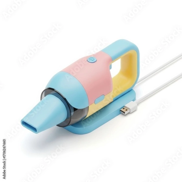 Fototapeta A vibrant 3D rendering of a pastel-colored handheld vacuum cleaner, featuring light blue, pink, and yellow hues, connected to a white USB charging cable on a matching base, set against a clean white