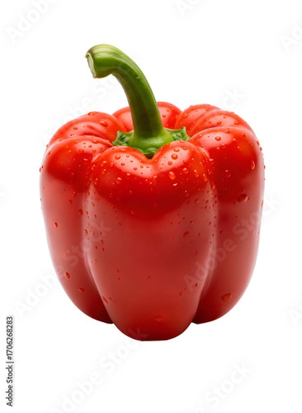 Fototapeta Fresh bell pepper with drops of water on surface, isolated on a white background. Ideal for cooking websites, healthy eating blogs and promotional materials.