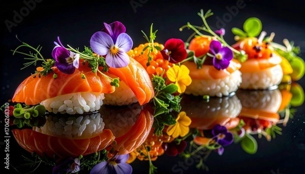 Fototapeta a close-up of artfully arranged sushi pieces, each topped with delicate garnishes like edible flowers and roe. The sushi is reflected on a glossy black surface