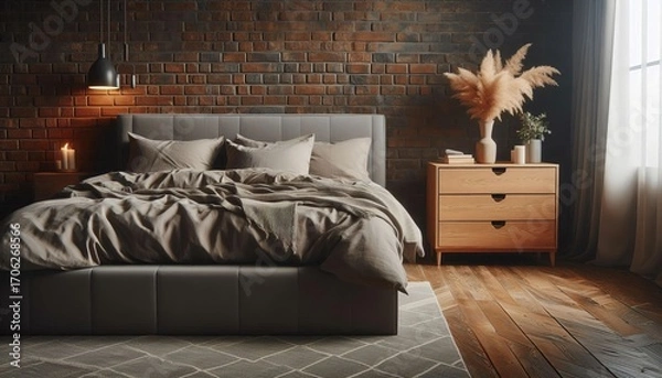 Fototapeta Cozy bedroom with a large bed, brick wall, and wooden furniture, creating a warm and inviting atmosphere