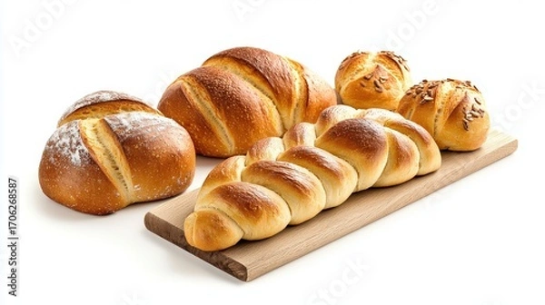 Obraz Assorted freshly baked bread and rolls on a wooden cutting board showcasing golden crusts and soft textures perfect for breakfast or bakery display