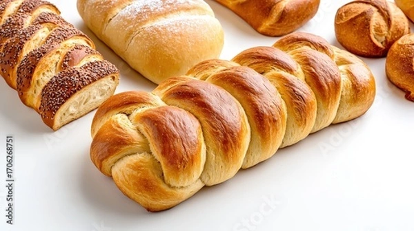Obraz Assortment of freshly baked bread including braided loaf baguettes rolls and pastries on a clean white surface perfect for bakery or breakfast scenes