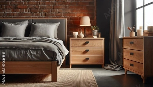 Fototapeta Cozy bedroom with wooden furniture, brick wall, and large window, creating a warm and inviting atmosphere