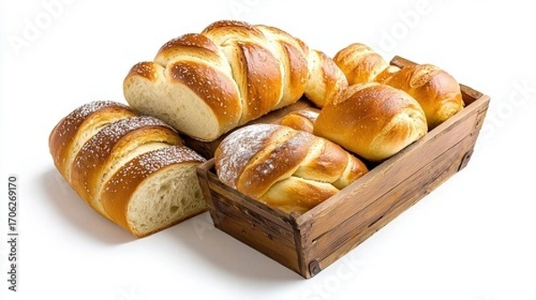 Obraz Freshly baked golden brown bread rolls with shiny crust and soft interior arranged in a wooden basket on a white background for breakfast or bakery display