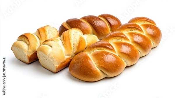 Obraz Freshly baked bread rolls and soft bread loaf with golden crusts on a clean white background for bakery or food presentation