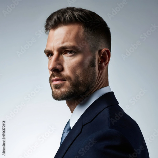 Obraz A determined male professional in a dark suit gazes purposefully toward the distance
