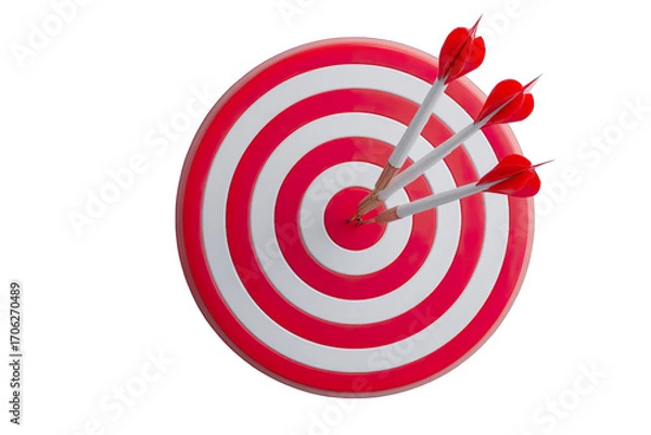 Fototapeta Bullseye Success: Three precisely aimed darts hit the bullseye of a target, symbolizing accuracy, precision, and the achievement of a set goal. 