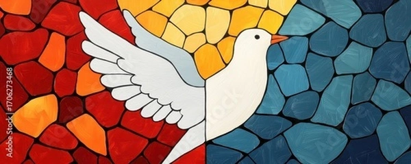 Fototapeta A vibrant mosaic artwork featuring a white dove against a colorful background of red, orange, yellow, and blue stones.
