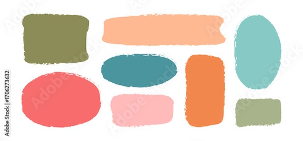 Fototapeta Text box crayon irregular shape, frame brush paint, rough border doodle. Grunge spot childish, round color chalk set, pastel hand drawing icon isolated on white bg. Cartoon sketch vector illustration
