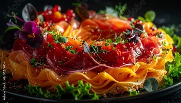 Fototapeta an elaborate, colorful dish featuring layers of various meats, fruits, and garnishes. It is artfully arranged on a plate and garnished with fresh herbs and edible flowers