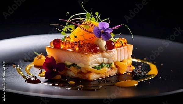 Fototapeta a meticulously plated gourmet dish. It features a layered structure of food, garnished with microgreens, edible flowers, and various sauces on a black plate