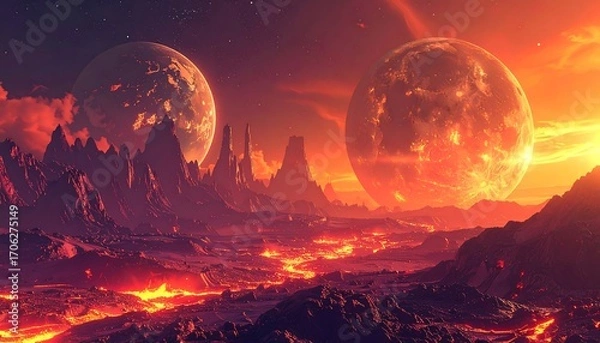 Obraz Alien landscape with fiery planets