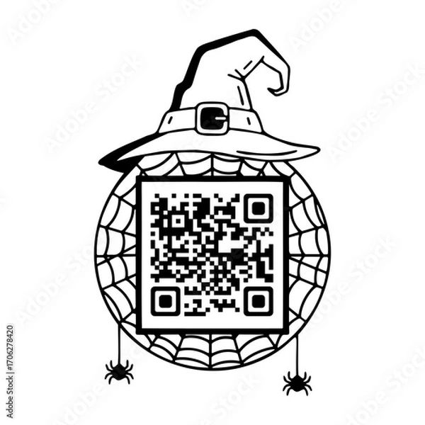 Fototapeta cute round spooky Halloween frame for QR code with spider web and witch hat illustration