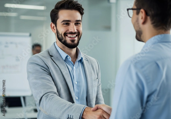 Fototapeta Two Business Professionals Shaking Hands in Modern Office Environment
