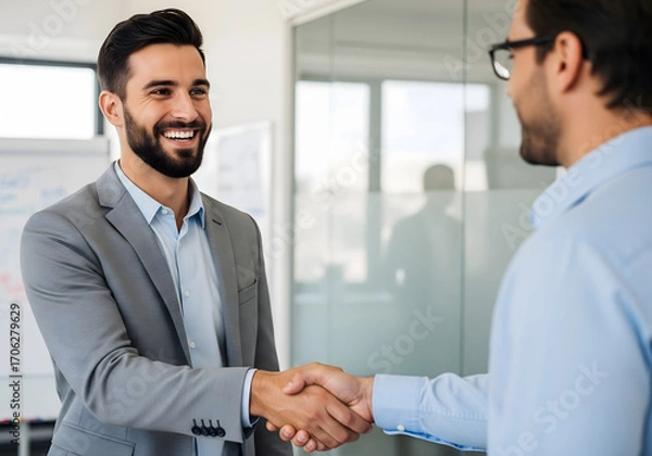 Fototapeta Confident Businessman with Beard Smiling During Handshake Meeting
