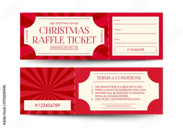 Obraz Christmas raffle ticket design. Lottery ticket template with red background. Festive vector raffle ticket template isolated on white background.