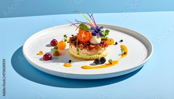 Fototapeta a creatively plated dish, with a layered food item at the center garnished with tomatoes, flowers, and greens. The plate also has decorative sauces and small fruits