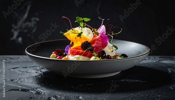 Fototapeta a creatively plated gourmet dish in a modern style. The dish is arranged in a shallow bowl and includes a variety of colorful elements like fruits, flowers, and garnishes
