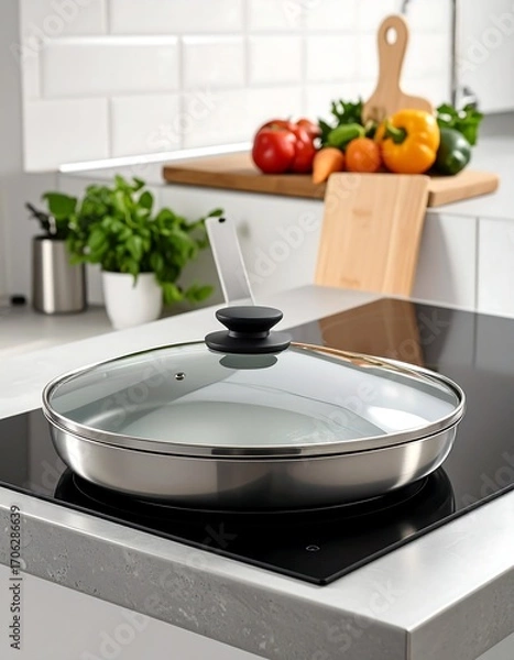 Fototapeta Stainless steel pan with glass lid on a countertop