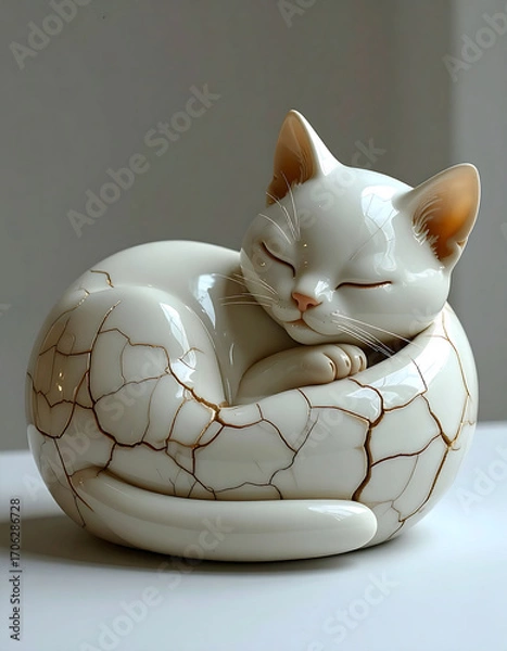 Obraz Elegant Ceramic Cat Sculpture with Golden Striations in Serene Pose
