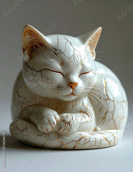 Obraz Elegant Ceramic Cat Sculpture with Golden Striations in Serene Pose
