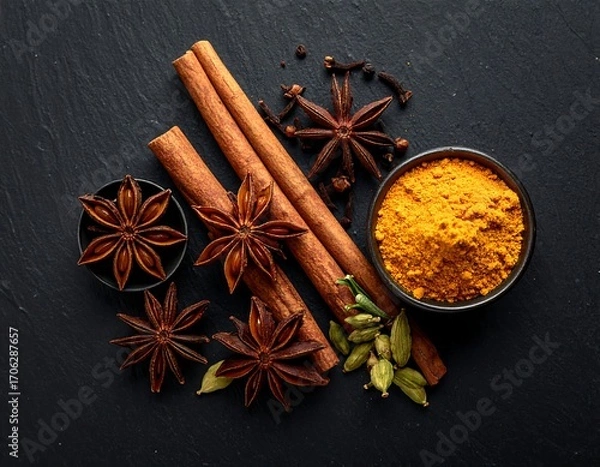 Obraz Aromatic spices on dark slate