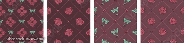 Fototapeta Red Rose flowers and butterflies vintage seamless pattern with trellis grid