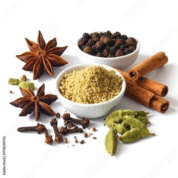 Obraz Assorted spices arranged on white background
