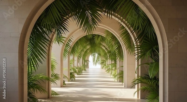 Obraz Sunlit arched walkway lined with lush greenery and palm fronds