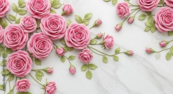 Obraz Delicate pink roses adorn a marble surface with green leaves