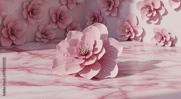 Obraz Soft pink peony flower on marble surface with floral background