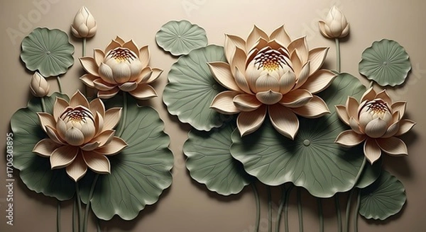Obraz Intricate lotus flower and leaf relief sculpture