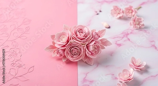 Obraz Delicate pink fabric roses on a marble and pink background