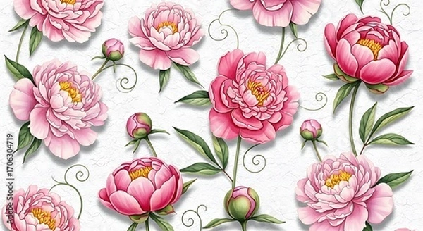 Obraz Elegant pink peony floral pattern with buds and green leaves