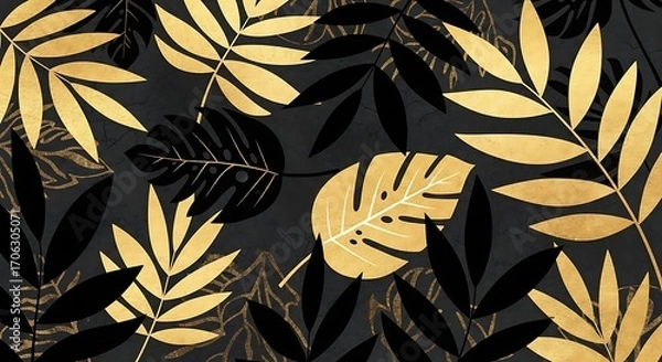 Obraz Elegant gold and black tropical leaf pattern