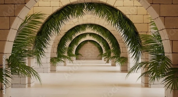 Obraz Elegant stone archway corridor with lush greenery and soft lighting