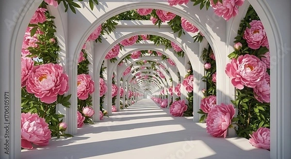Obraz Enchanting floral arcade with cascading pink peonies and arched walkways