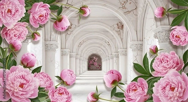 Obraz Romantic pink peony flowers archway corridor with classical architecture